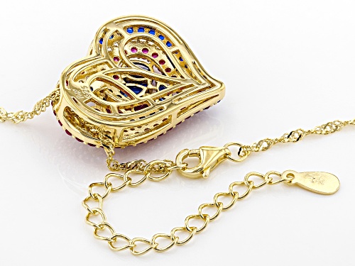 2.24ctw Lab Blue Spinel & Ruby, .34ctw White Zircon 18k Gold Over Silver Heart Pendant W/Chain