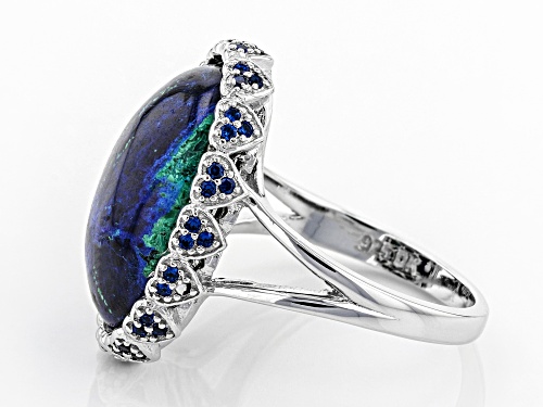 18x13mm Oval Azurmalachite and .82ctw Round Lab Created Blue Spinel Rhodium Over Silver Ring - Size 7