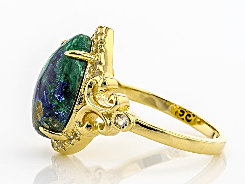 14x10mm Pear Shape Azurmalachite & .16ctw White Topaz 18k Yellow Gold Over Sterling Silver Ring - Size 7