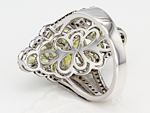 2.67ctw Pear Shape Manchurian Peridot™ and .60ctw Round Black Spinel Rhodium Over Silver Ring - Size 6