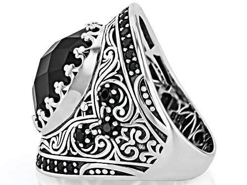 8.57ct Oval And 0.65ctw Round Black Spinel Rhodium Over Sterling Silver Ring - Size 6