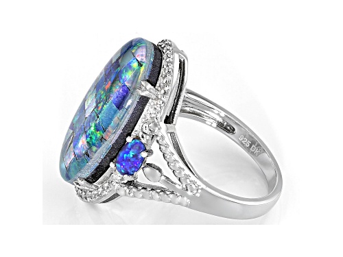 Mosaic Opal Triplet with Lab Blue Opal & 0.11ctw Lab White Sapphire Rhodium Over Silver Ring - Size 7