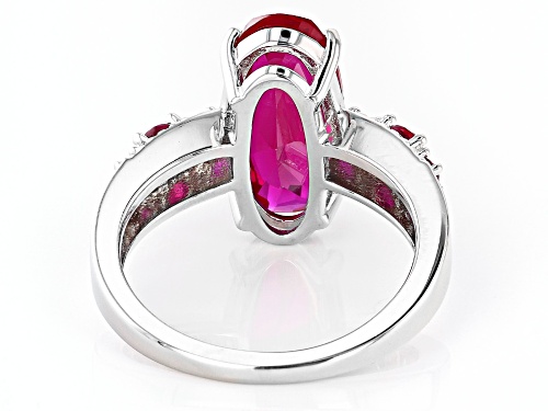 3.40ct Oval And 0.37ctw Round Lab Created Ruby Rhodium Over Sterling Silver Ring - Size 8