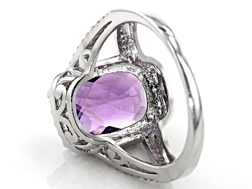 3.82ct cushion Brazilian Amethyst with .01ct White Single Diamond Accent Rhodium Over  Silver Ring - Size 7