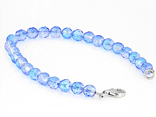 6mm Round Iridescent Blue Quartz Bead Strand, Rhodium Over Sterling Silver Bracelet. - Size 8