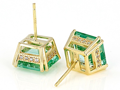 7.31ctw Asscher Cut Lab Created Green Spinel, .16ctw White Zircon 18k Gold Over Silver Stud Earrings