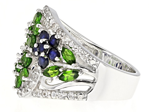 1.19ctw Chrome Diopside With .94ctw Blue Sapphire And .57ctw Zircon Rhodium Over Silver Ring - Size 7