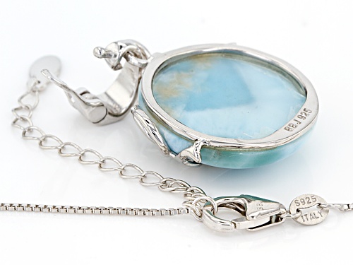 22mm Round Cabochon Larimar With .01ct Round White Zircon Sterling Silver Enhancer With Chain