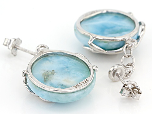 16mm Round Cabochon Larimar With .01ctw Round White Zircon Sterling Silver Dangle Earrings
