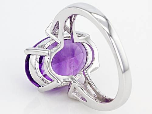 4.97ct Oval African Amethyst And .16ctw Round White Zircon Rhodium Over Sterling Silver Ring - Size 9