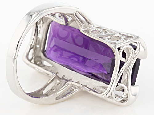 11.90ct Rectangular Criss-Cross Cut African Amethyst With .47ctw White Zircon Sterling Silver Ring - Size 5
