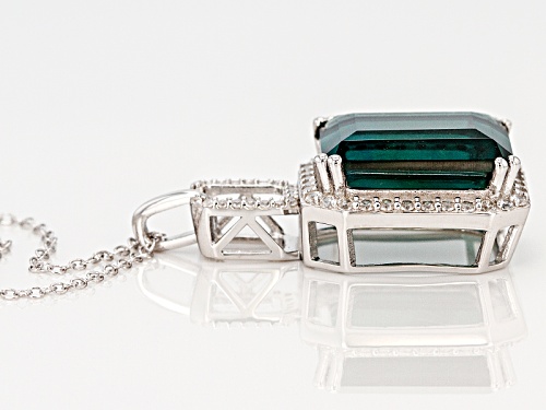 12.39ct Emerald Cut Teal Fluorite With .79ctw Round White Zircon Sterling Silver Pendant With Chain