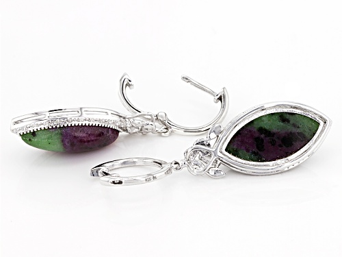 18x9mm Marquise Cabochon Ruby Zoisite And .45ctw Mixed Shape White Zircon Silver Earrings