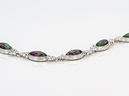 10x5mm Marquise Cabochon Ruby Zoisite And .61ctw Marquise White Zircon Silver Bracelet - Size 8