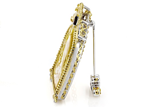 30x24mm Mother-of-Pearl, .27ct Garnet Rhodium/24k Gold Over Palladium Silver Brooch/Pendant W/Chain