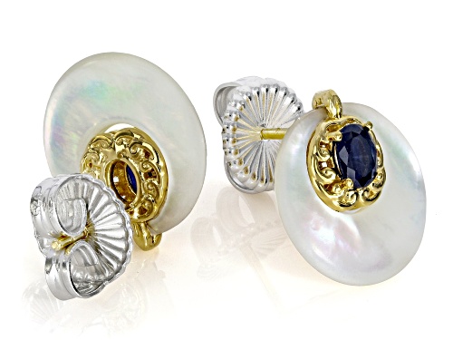 0.84ctw Blue Sapphire, White Mother-of-Pearl Rhodium/24k Gold Over Palladium Silver Earrings