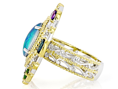 12x10mm Australian Opal Triplet, 0.77ctw Multi-Gems Rhodium/24k Gold Over Palladium Silver Ring - Size 6