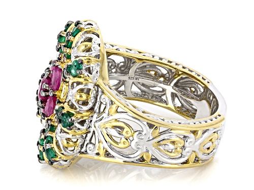 1.10ctw Ruby, Grizzly Emerald Rhodium/24k Yellow Gold Over Palladium Sterling Silver Ring - Size 9