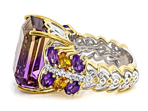 16.62ctw Ametrine, Citrine, Amethyst & Zircon Rhodium/24k Gold Over Palladium Silver Ring - Size 9