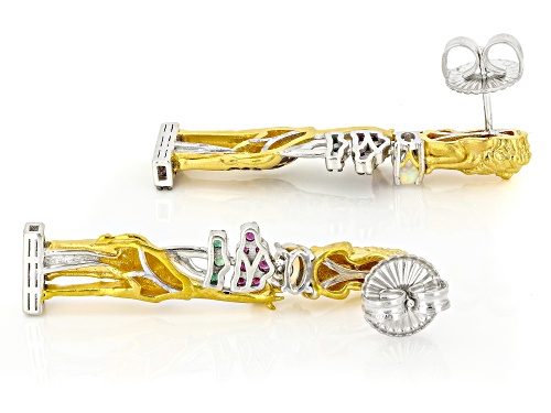 2.16ctw Multi-Gemstone Rhodium & 24k Gold Over Palladium Sterling Silver Safari Earrings