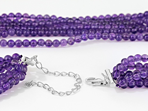 4-5mm Round African Amethyst Sterling Silver 6-Row Beaded Necklace - Size 18