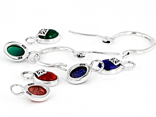 7x5mm Oval Lapis Lazuli, Red Coral and Green Onyx Rhodium Over Silver Interchangeable Charm Earrings