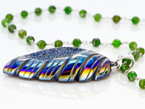 Peacock Blue Pear Shape Carved Druzy Pendant with Chrome Diopside Bead Rhodium Over Silver Necklace