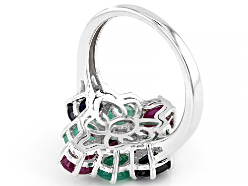 3.86ctw Ruby, Emerald, Sapphire & .03ctw Four Diamond Accent Rhodium Over Sterling Silver Ring - Size 7
