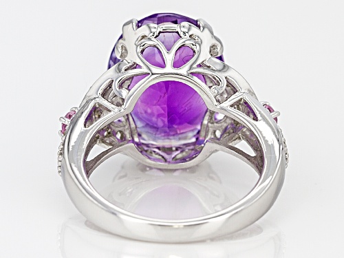 7.12ct Oval Moroccan Amethyst, .27ctw Pink Sapphire With .52ctw White Zircon Sterling Silver Ring - Size 10