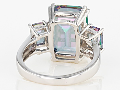 7.06ctw 14x10mm And 6x4mm Emerald Cut Multicolor Quartz Rhodium Over Sterling Silver 3-Stone Ring - Size 8
