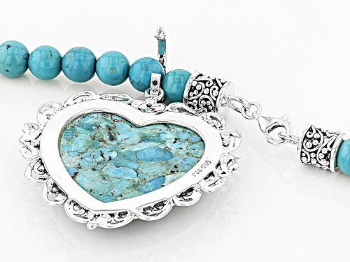 8mm Bead And 34x34mm Heart Shape Turquoise Sterling Silver Bead Necklace With Heart Enhancer - Size 20