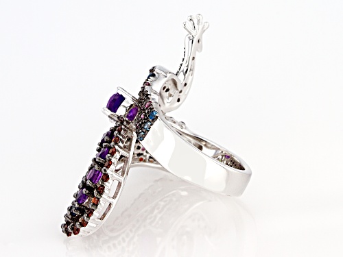 .68ct Oval African Amethyst With 1.49ctw Round Multi-Gem Rhodium Over Sterling Silver Peacock Ring - Size 7