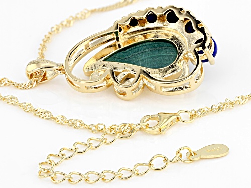 18x9mm Free-Form Malachite with Graduated Round Lapis Lazuli 18k Gold Over Silver Pendant w/ Chain