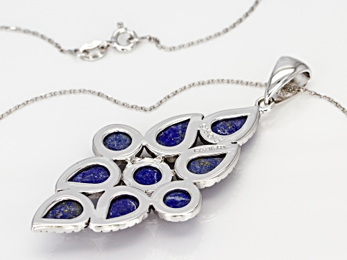 10x7mm Pear Shape & 7mm Round Lapis Lazuli Rhodium Over Silver Cluster Pendant With Chain