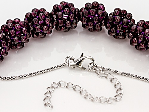 3mm Knitted Round Raspberry Color Rhodolite Floral Bead Clusters Sterling Silver Necklace - Size 20