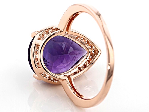 4.14ct Pear Shape African Amethyst, .46ctw White Zircon 18k Rose Gold Over Silver Halo Ring - Size 9