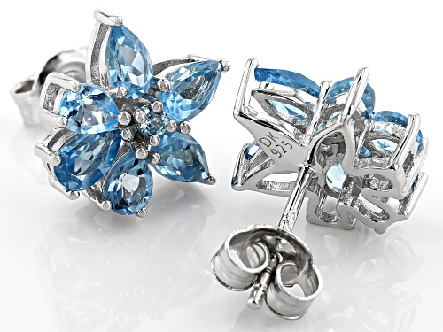 2.49ctw Pear Shape & Round Swiss Blue Topaz Rhodium Over Sterling Silver Flower Stud Earrings