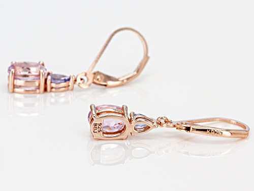 1.87CTW OVAL KUNZITE WITH .28CTW PEAR SHAPE TANZANITE 18K ROSE GOLD OVER  SILVER DANGLE EARRINGS