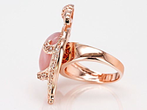 16MM ROUND PERUVIAN PINK OPAL WITH .71CTW WHITE ZIRCON 18K ROSE GOLD OVER SILVER FLAMINGO RING - Size 7