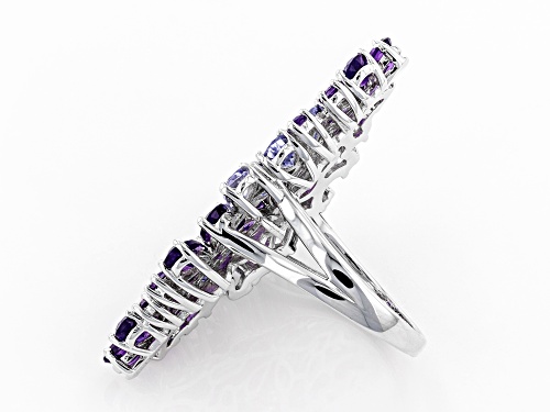 3.43ctw Pear Shape & Round Amethyst, 2.54ctw Pear Shape Tanzanite Rhodium Over Silver Flower Ring - Size 7