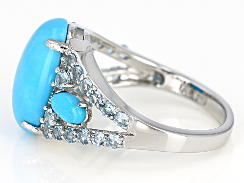 14x10mm & 5x3mm Oval Sleeping Beauty Turquoise With .75ctw Swiss Blue Topaz Rhodium Over Silver Ring - Size 8
