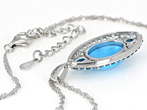 Oval Sleeping Beauty Turquoise, .91ctw Round Swiss Blue Topaz Rhodium Over Silver Pendant With Chain