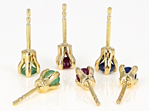 .45ctw Emerald, .68ctw Ruby & .63ctw Blue Sapphire 18k Gold Over Silver 3 Pairs Stud Earrings Set