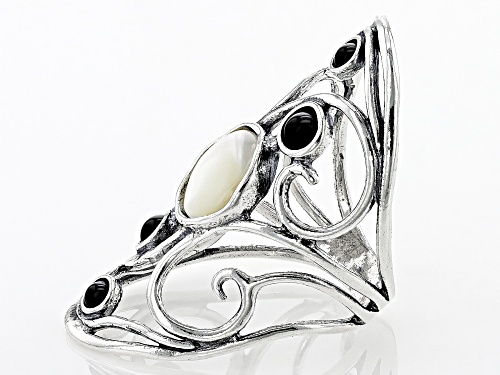 White South Sea Mother-Of-Pearl With Black Onyx Sterling Silver Ring - Size 6