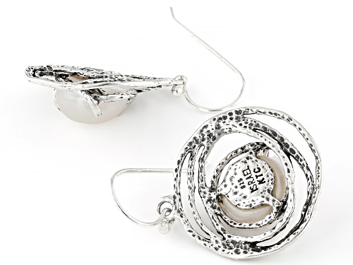 10-10.5mm White Cultured Freshwater Pearl Oxidized Sterling Silver Earrings