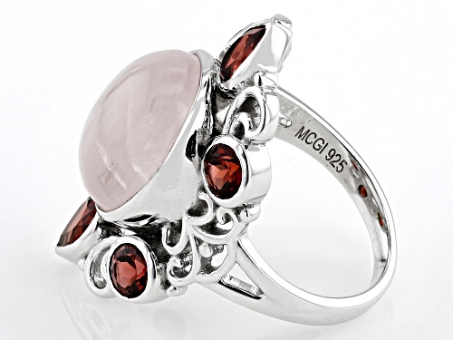 Artisan Collection of India™ 14x12mm Rose Quartz & Garnet Rhodium Over Sterling Silver Ring - Size 6