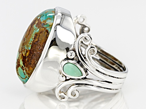 Artisan Gem Collection Of India, 20x15mm Oval Boulder Turquoise And Green Serbian Opal Silver Ring - Size 6