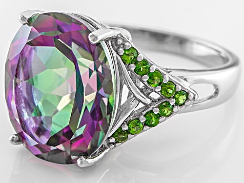 6.18ct Oval Mystic® Green Quartz With .31ctw Round Chrome Diopside Rhodium Over Silver Ring - Size 7