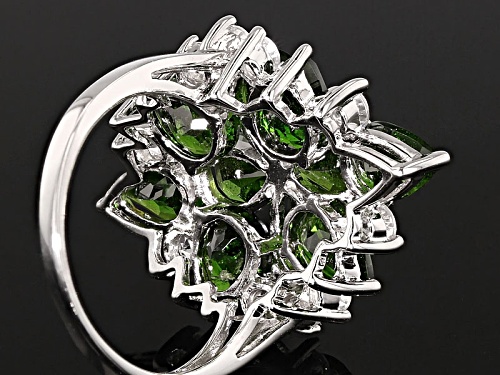 6.90ctw Pear Shape Russian Chrome Diopside With 1.16ctw Round White Zircon Sterling Silver Ring - Size 4