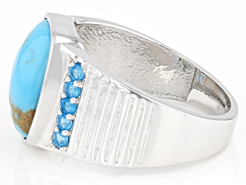 14x10mm Kingman Turquoise With 0.35ctw Neon Apatite Rhodium Over Sterling Silver Men's Ring - Size 10